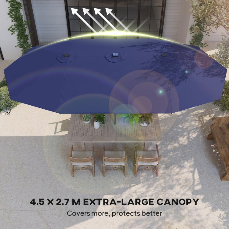 Navy patio umbrella canopy with LED light strings, overhead view