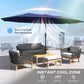 Navy patio umbrella with LED lights and extra-large open canopy over outdoor seating