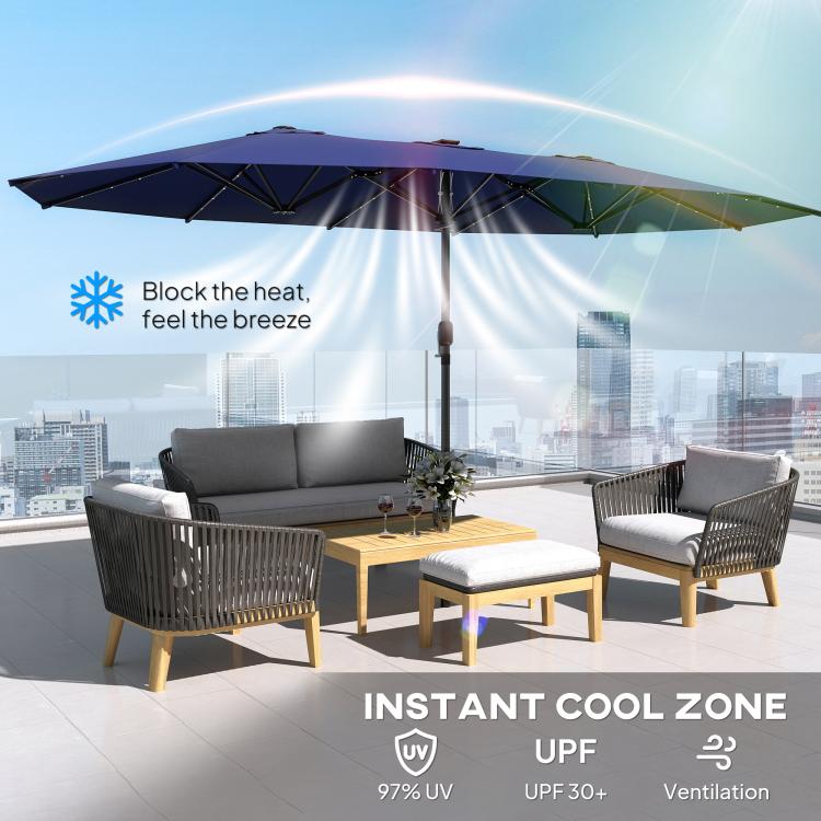Navy patio umbrella with LED lights and extra-large open canopy over outdoor seating