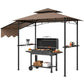 Brown BBQ grill gazebo shelter with dark metal legs, open sides, awning and shelves