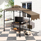 Brown outdoor grill gazebo with black frame, side awning, shelves and hanging hooks