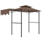 Brown grill gazebo shelter with black posts, scalloped side awnings, hanging hooks
