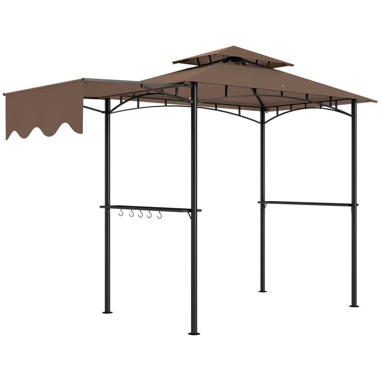 Brown grill gazebo shelter with black posts, scalloped side awnings, hanging hooks