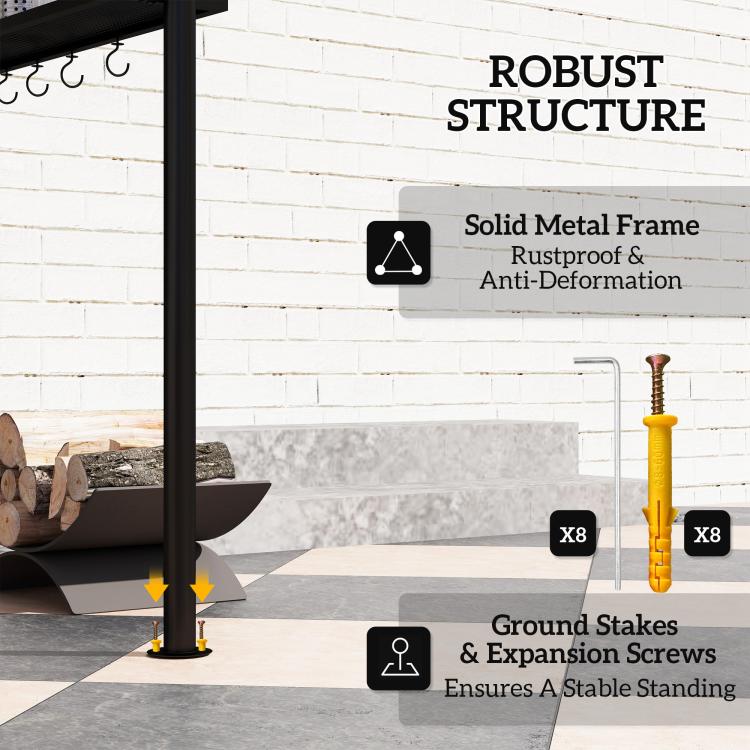 Sturdy dark metal frame for a grill gazebo with ground stakes and anti-deformation structure