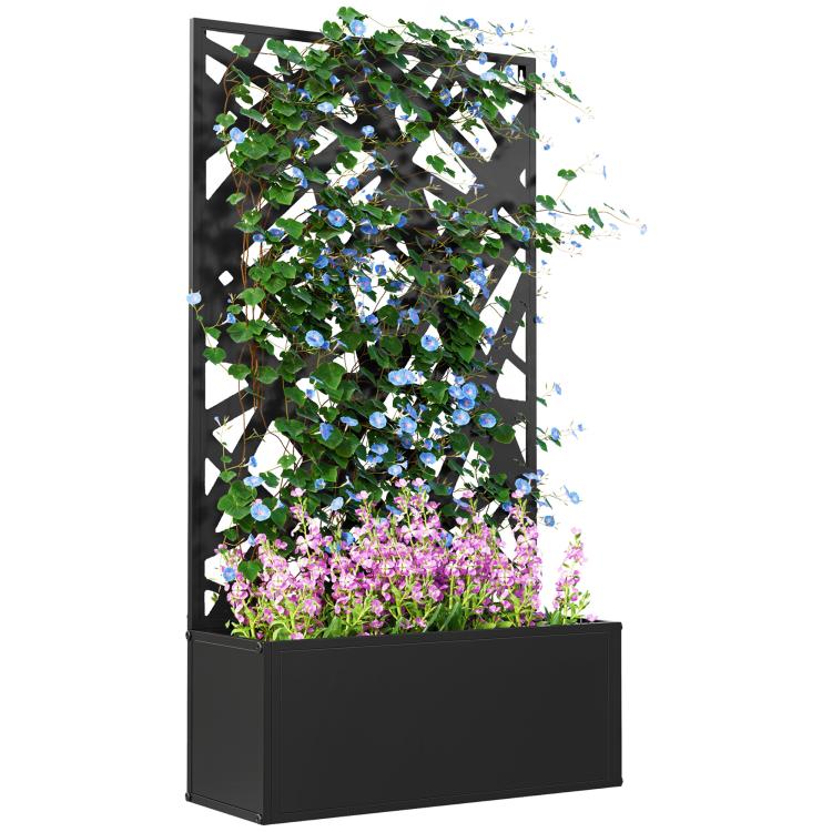 Black metal raised planter box with decorative privacy screen and blooming plants