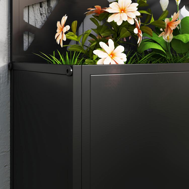 Dark gray metal planter box with decorative privacy screen, wall-ready or freestanding