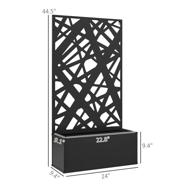 Black metal planter box with decorative privacy screen panel and rectangular base