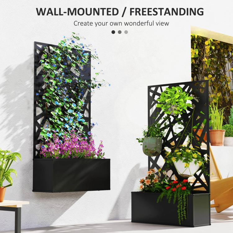 Black metal planter box with privacy screen and layered flower arrangement