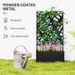 Black metal planter box with decorative privacy screen and blooming flowers