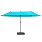 Blue outdoor market umbrella with open canopy on crank lift pole and base