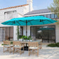 Blue rectangular market patio umbrella with double-sided canopy and central pole