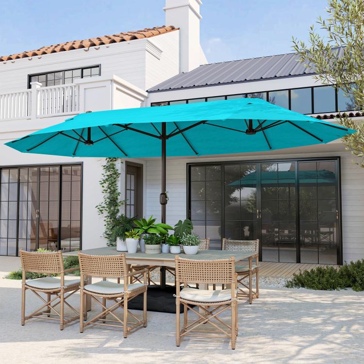 Blue rectangular market patio umbrella with double-sided canopy and central pole