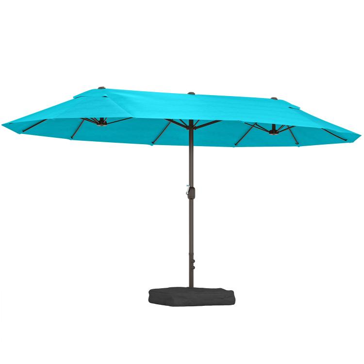 Blue rectangular market patio umbrella with crank pole and included base