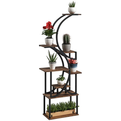 S-shaped indoor plant stand with dark metal frame and 8 wooden tiers