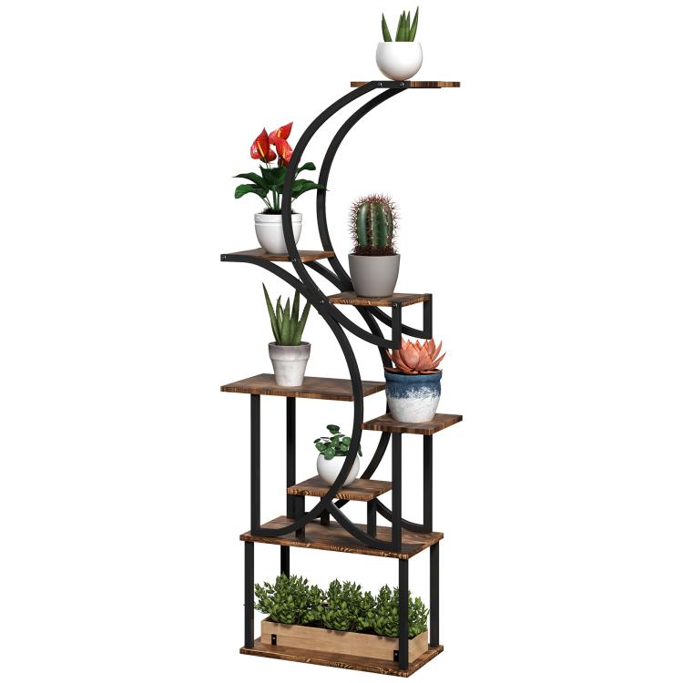 Corner plant shelf stand with dark curved metal frame and wooden tiers, 8 levels