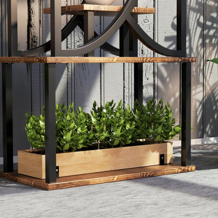 S-shaped indoor plant stand with black metal frame and rectangular wooden planter shelves