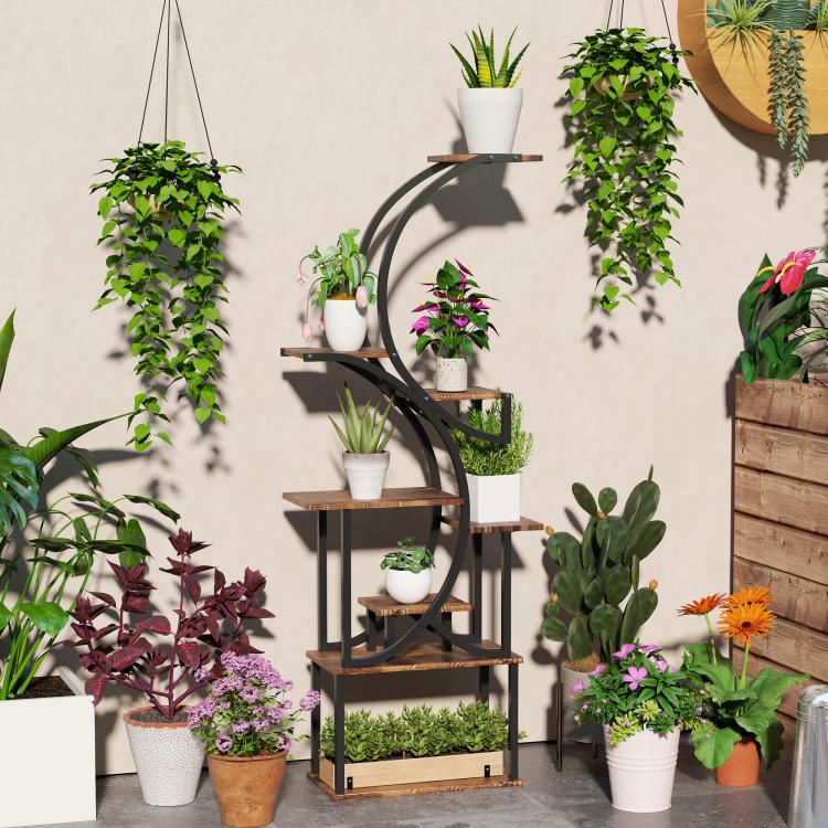 S-shaped plant rack with curved dark metal and wooden shelves, multi-tier design