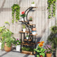 Tall S-shaped plant stand with black metal supports and warm wood shelves