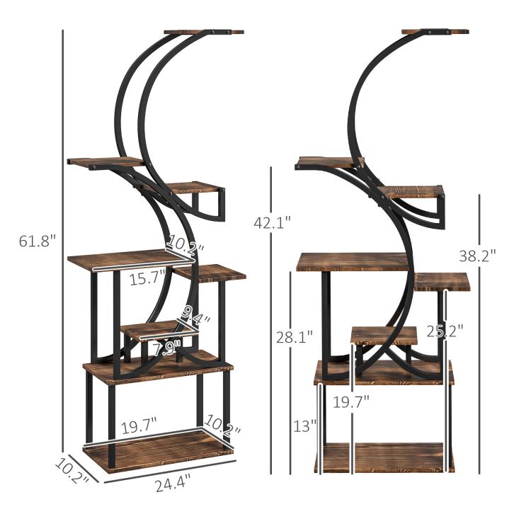 Plant stand dimensions diagram for S-shaped rack with dark metal and wood shelves