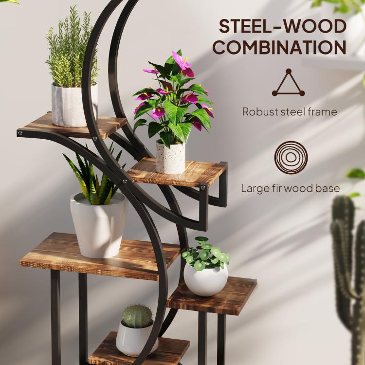 Curved S-shaped plant stand with dark metal frame and fir wood base shelves