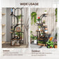 S-shaped multi-tier plant stand with dark metal frame and wooden shelves