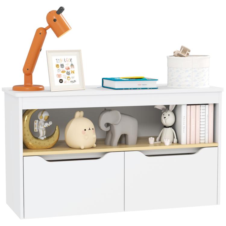 White toy storage bench with open shelf and two front drawers