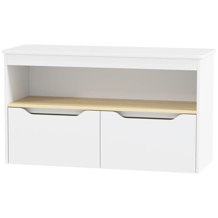 White toy storage cabinet with top shelf and two drawer doors