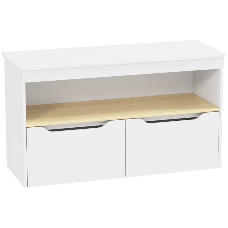 White toy storage bench with large top shelf and two cabinet drawers