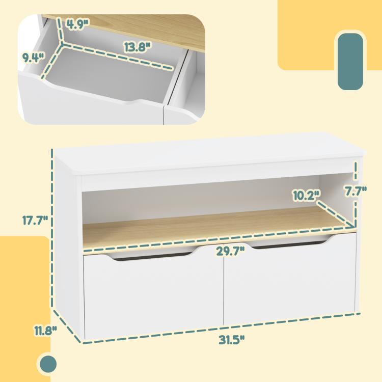 White toy storage bench with labeled height and depth measurements diagram