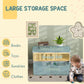 Toy storage bench feature graphic showing large tabletop, shelf, and 2 drawers