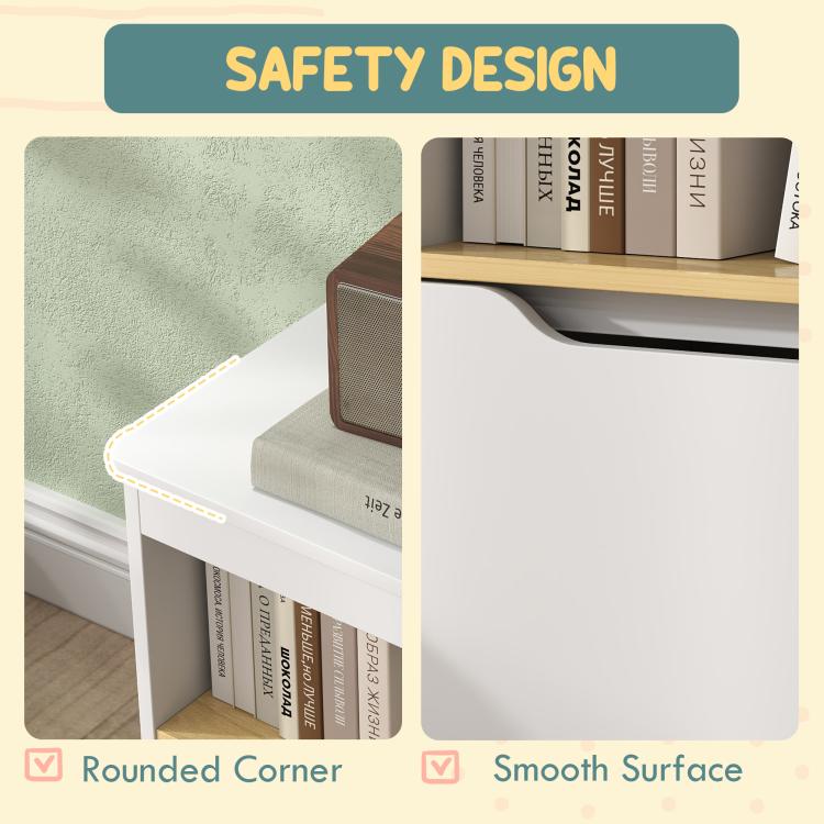White toy storage bench safety design with rounded corners and smooth surface
