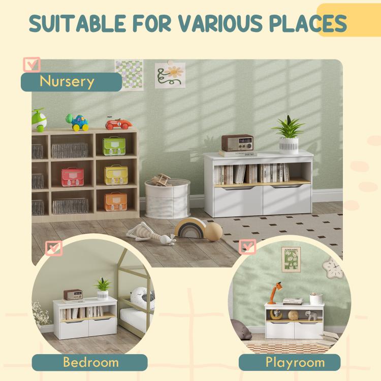 White toy storage bench shown in nursery, bedroom, and playroom layouts