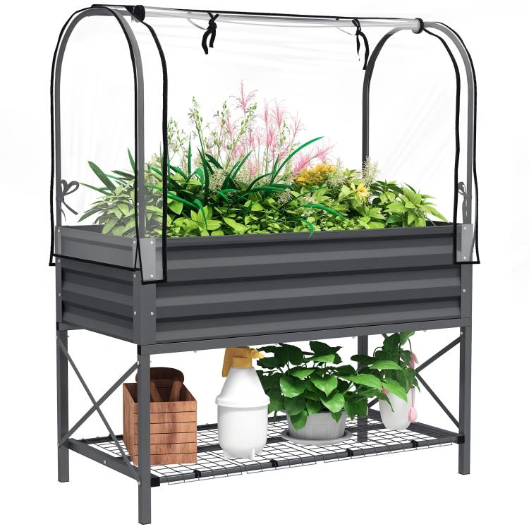 Dark gray metal raised garden bed with clear cover and built-in bottom shelf