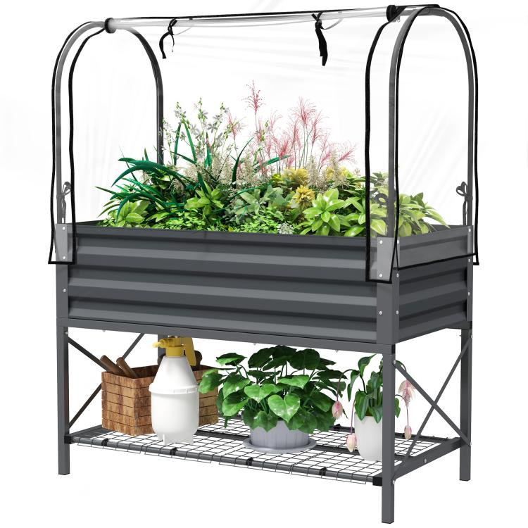 Dark gray metal raised planter box with clear zip cover and two-tier plant shelf