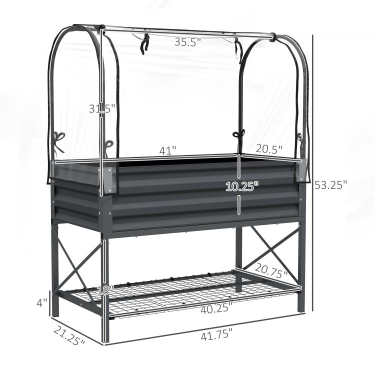 Dark gray raised garden bed planter with dimensions, clear cover frame, and lower shelf