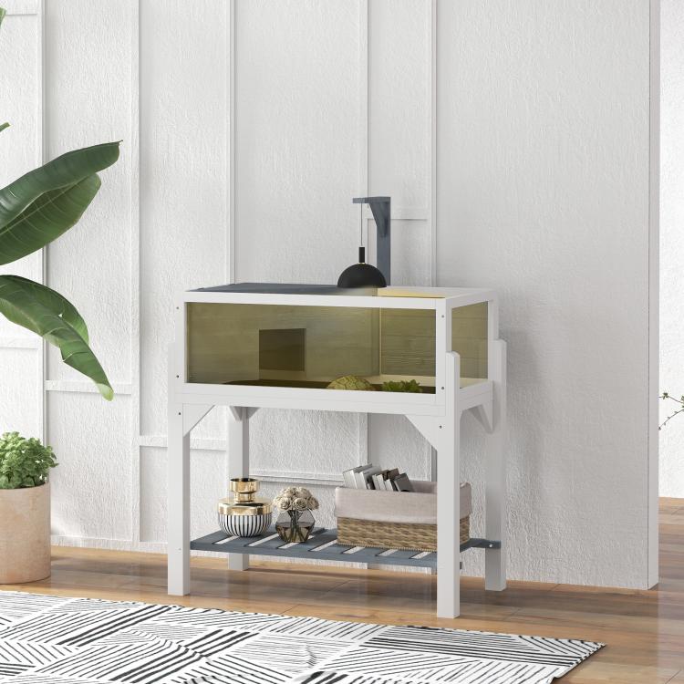 Gray wooden tortoise enclosure with clear window panels and mid and bottom shelves