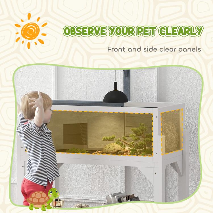 Gray wooden tortoise enclosure with clear side and front panels, open top for easy access