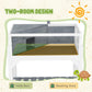 Gray wooden tortoise enclosure with two internal areas and clear window panels