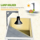 Gray wooden tortoise enclosure with lamp holder above the enclosure base, clear window panels