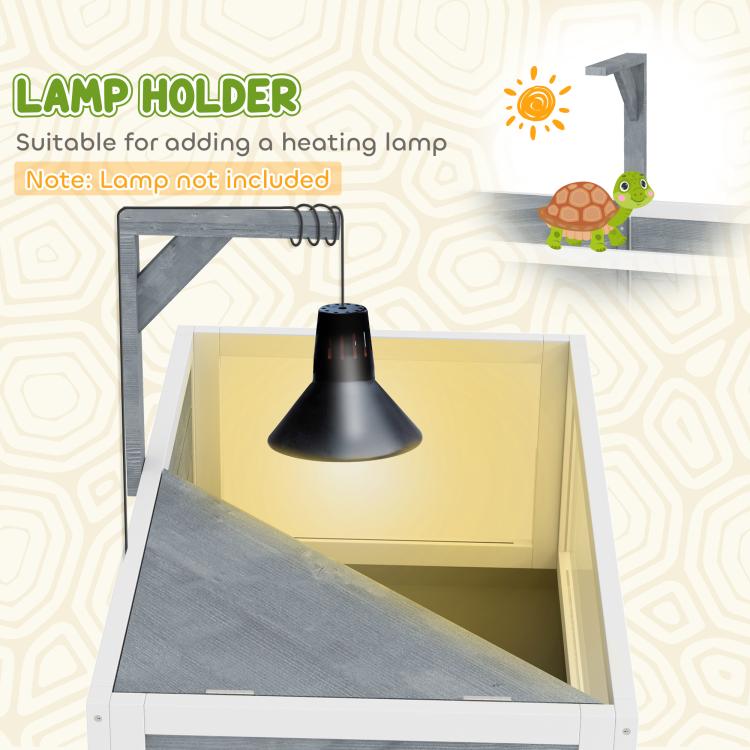 Gray wooden tortoise enclosure with lamp holder above the enclosure base, clear window panels