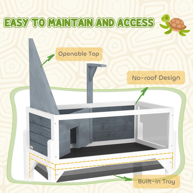 Gray wooden tortoise enclosure with openable top and built-in tray, no-roof design