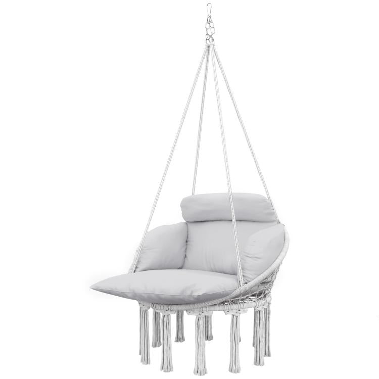 Gray macrame hanging hammock chair with thick padded cushion and rope fringe