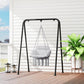 Gray hammock swing chair with macrame seat, padded cushion, and black steel frame