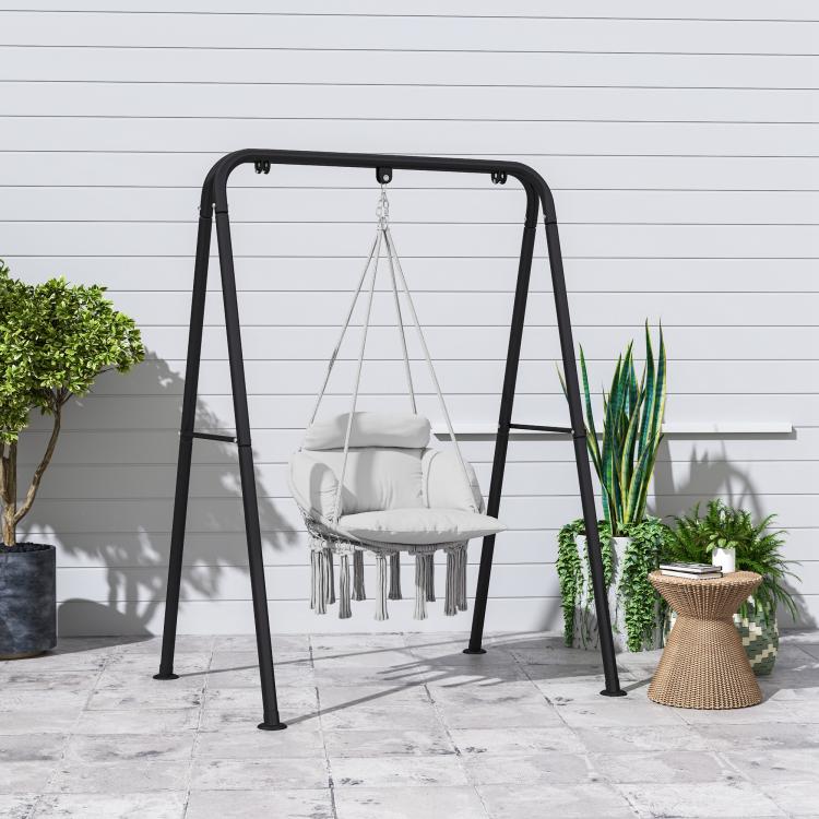 Gray hanging hammock chair on black steel A-frame stand with large padded seat