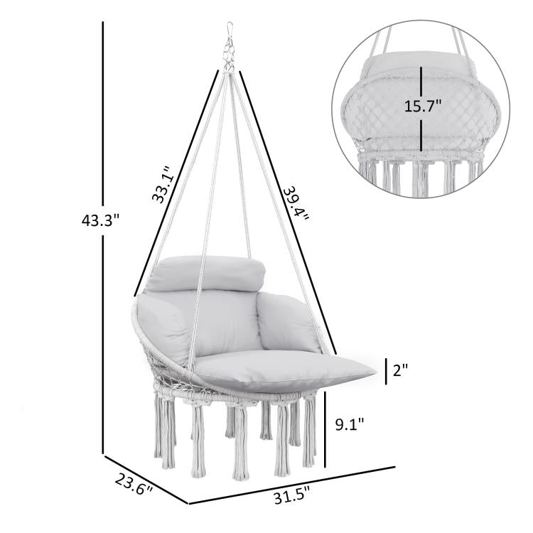 Gray hanging hammock chair with rope fringe and thick padded cushion, 15.7 in seat width