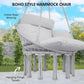 Gray boho macrame hanging hammock chair with hanging fringe tassels and thick cushion