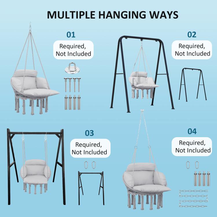 Multiple hanging setups diagram for hammock chair and stand, required parts not included