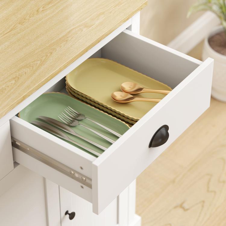 White kitchen cabinet drawer pull-out with open shelf and black knobs