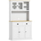 White freestanding kitchen hutch with open upper cabinets, shelves, drawers, and countertop