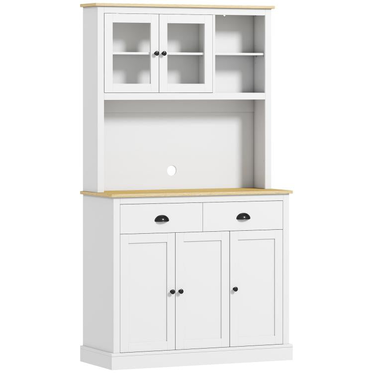White freestanding kitchen hutch with open upper cabinets, shelves, drawers, and countertop